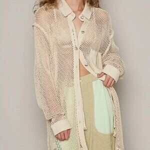 NWOT POL Coastal Nautical Fishnet Button Down Boho Shirt - Size L